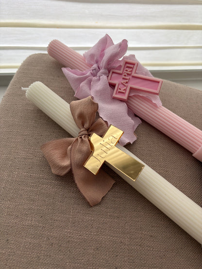 Ribbed Palm Sunday Candle - Personalised Tag